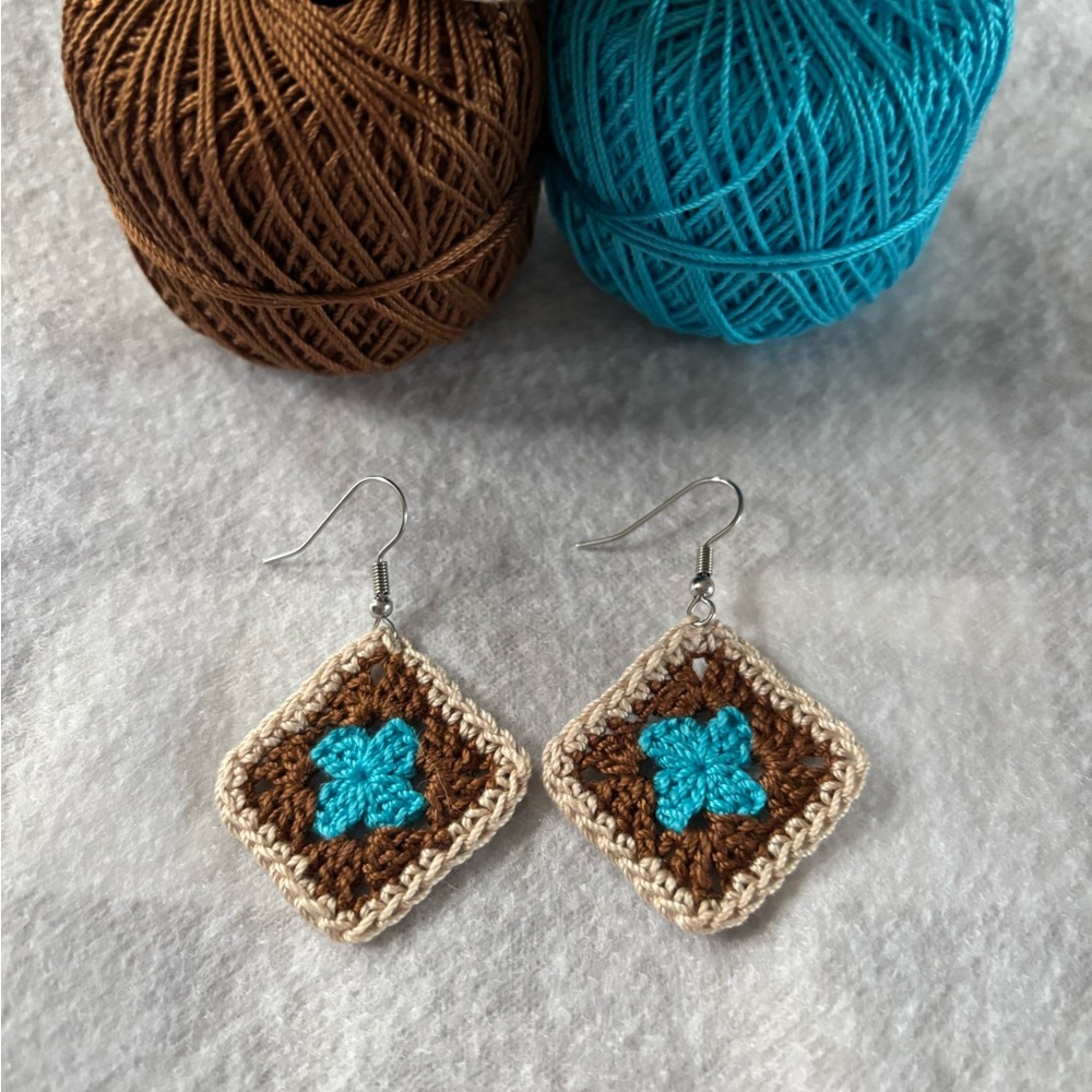 Handmade Granny Square Brown and Blue Crochet Earrings